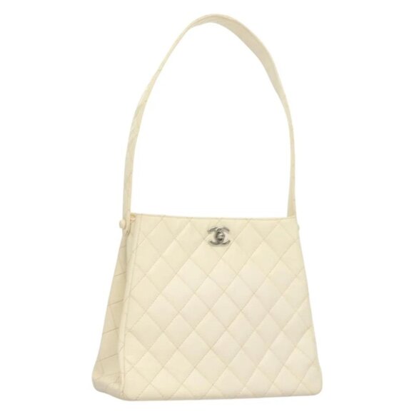 CHANEL Matelasse Shoulder Bag Grained Calf Skin White Silver CC Auth PP803V - Picture 1 of 16